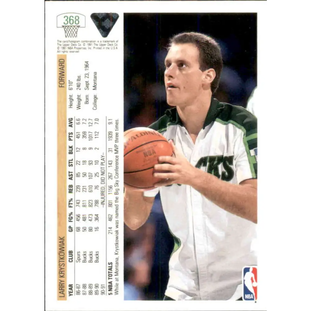1991-92 Upper Deck #368 Larry Krystkowiak NM-MT Milwaukee Bucks Basketball Card Image 2