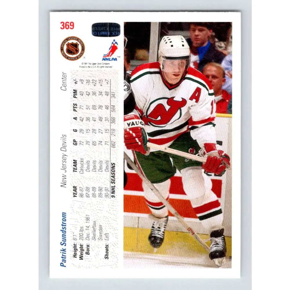1991-92 Upper Deck #369 Patrik Sundstrom NM-MT New Jersey Devils Hockey Card Image 2