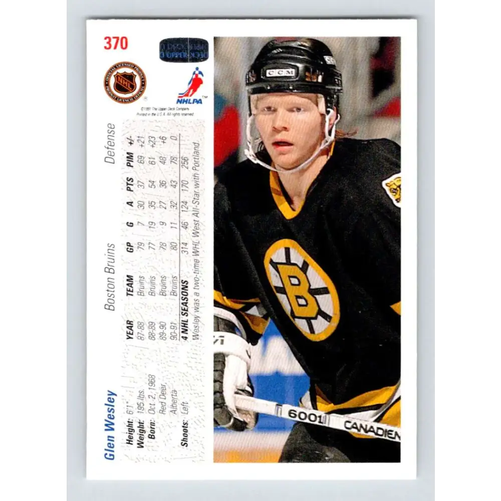 1991-92 Upper Deck #370 Glen Wesley NM-MT Boston Bruins Hockey Card Image 2