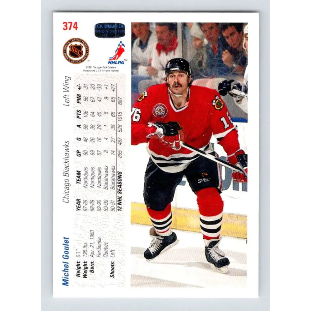 1991-92 Upper Deck #374 Michel Goulet NM-MT Chicago Blackhawks Hockey Card Image 2