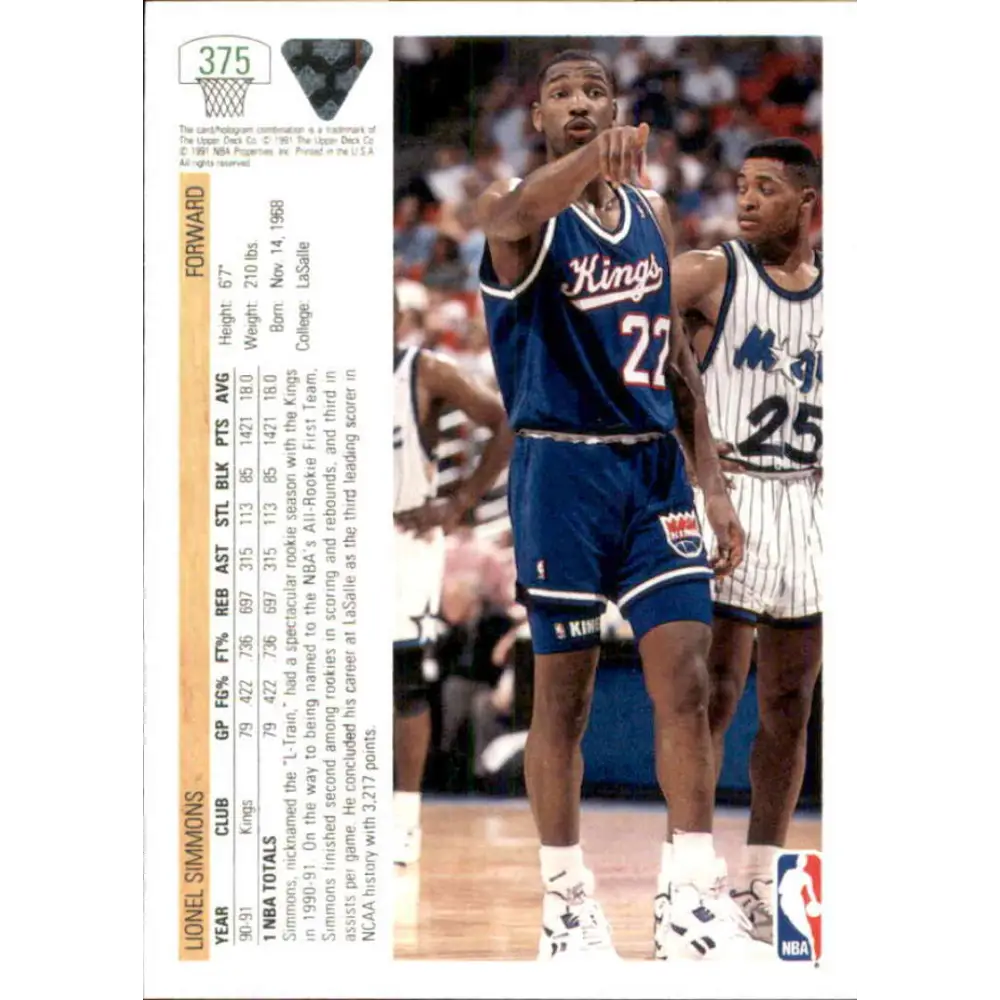 1991-92 Upper Deck #375 Lionel Simmons NM-MT Sacramento Kings Basketball Card Image 2