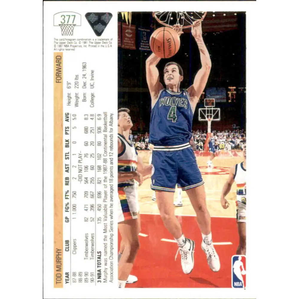 1991-92 Upper Deck #377 Tod Murphy NM-MT Minnesota Timberwolves Basketball Card Image 2