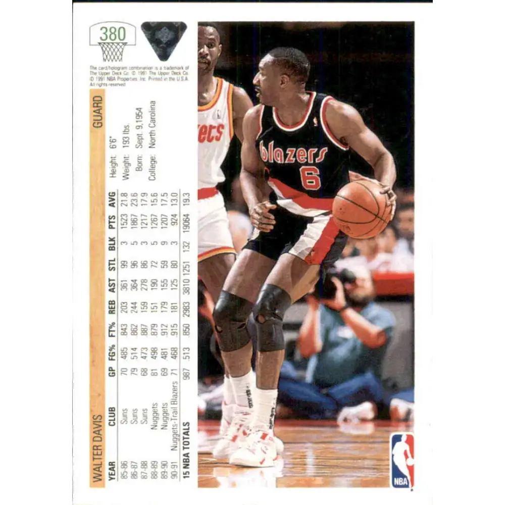 1991-92 Upper Deck #380 Walter Davis NM-MT Portland Trail Blazers Basketball Card Image 2