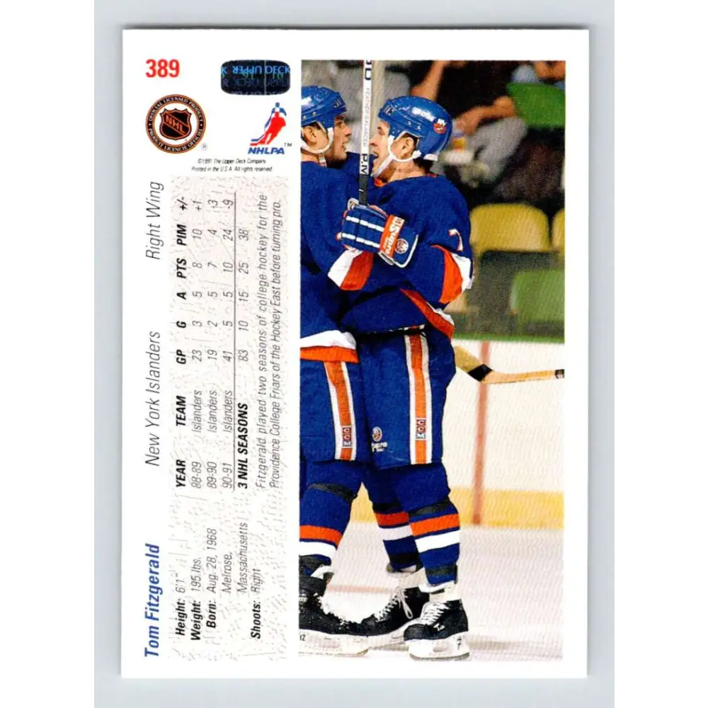 1991-92 Upper Deck #389 Tom Fitzgerald NM-MT New York Islanders Hockey Card Image 2