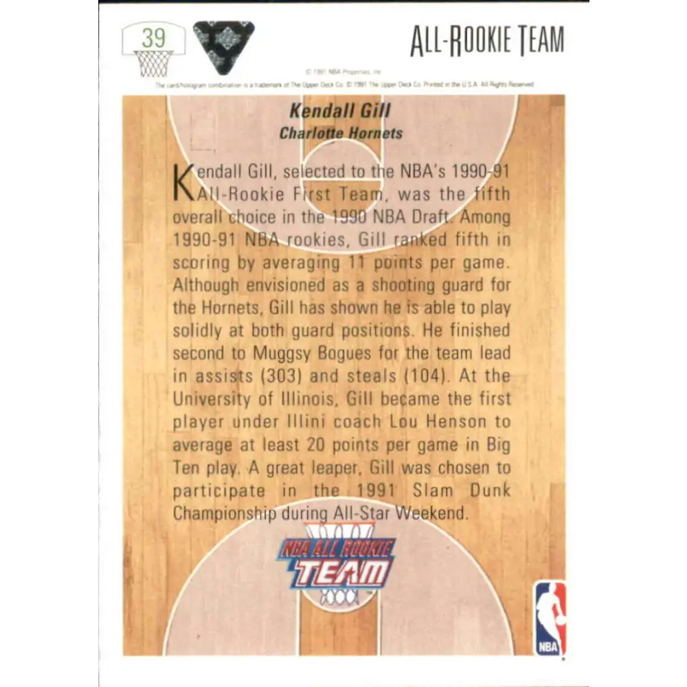 1991-92 Upper Deck #39 Kendall Gill ART NM-MT Charlotte Hornets Basketball Card Image 2
