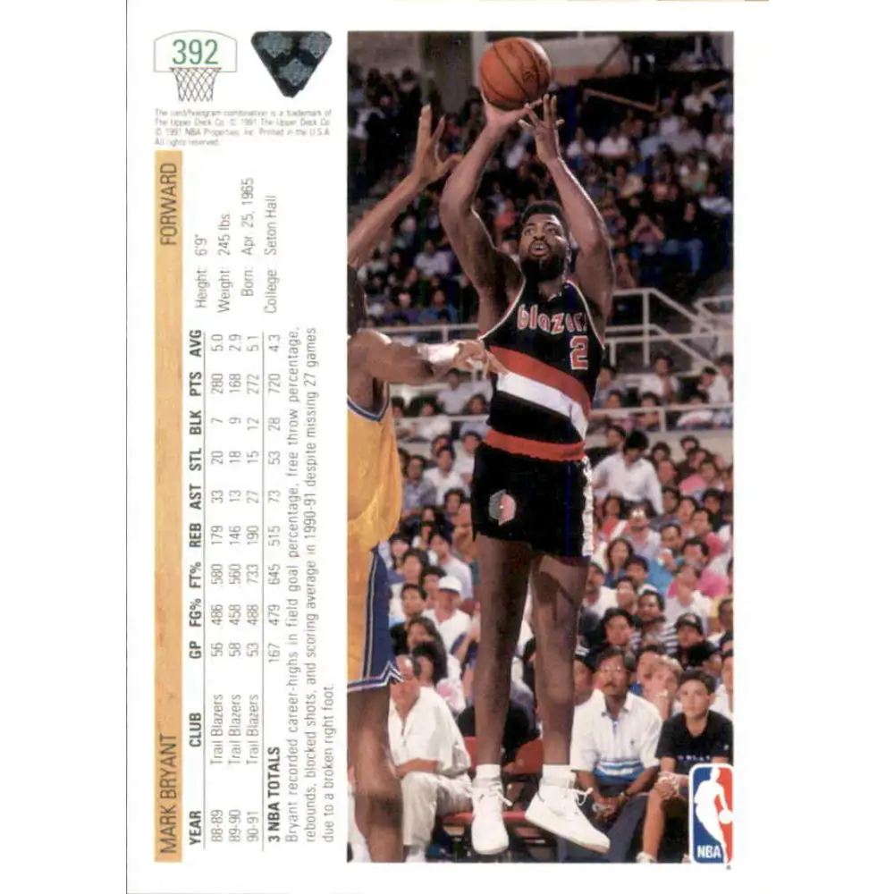 1991-92 Upper Deck #392 Mark Bryant NM-MT Portland Trail Blazers Basketball Card Image 2