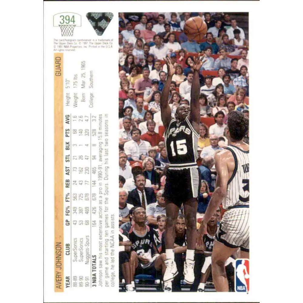 1991-92 Upper Deck #394 Avery Johnson NM-MT San Antonio Spurs Basketball Card Image 2
