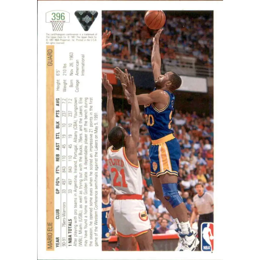 1991-92 Upper Deck #396 Mario Elie NM-MT RC Rookie Golden State Warriors Basketball Card Image 2