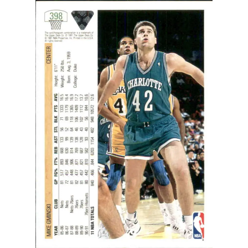 1991-92 Upper Deck #398 Mike Gminski NM-MT Charlotte Hornets Basketball Card Image 2