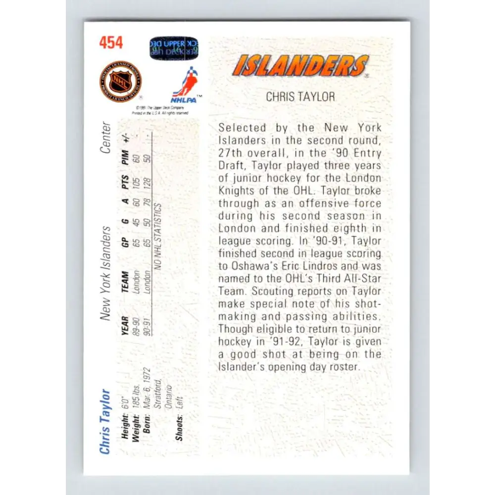 1991-92 Upper Deck #454 Chris Taylor NM-MT RC Rookie Hockey Card Image 2