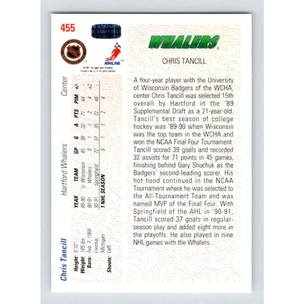 1991-92 Upper Deck #455 Chris Tancill NM-MT RC Rookie Hartford Whalers Hockey Card Image 2