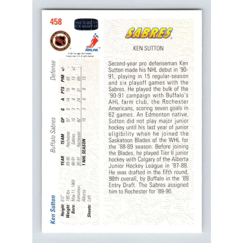 1991-92 Upper Deck #458 Ken Sutton NM-MT RC Rookie Buffalo Sabres Hockey Card Image 2