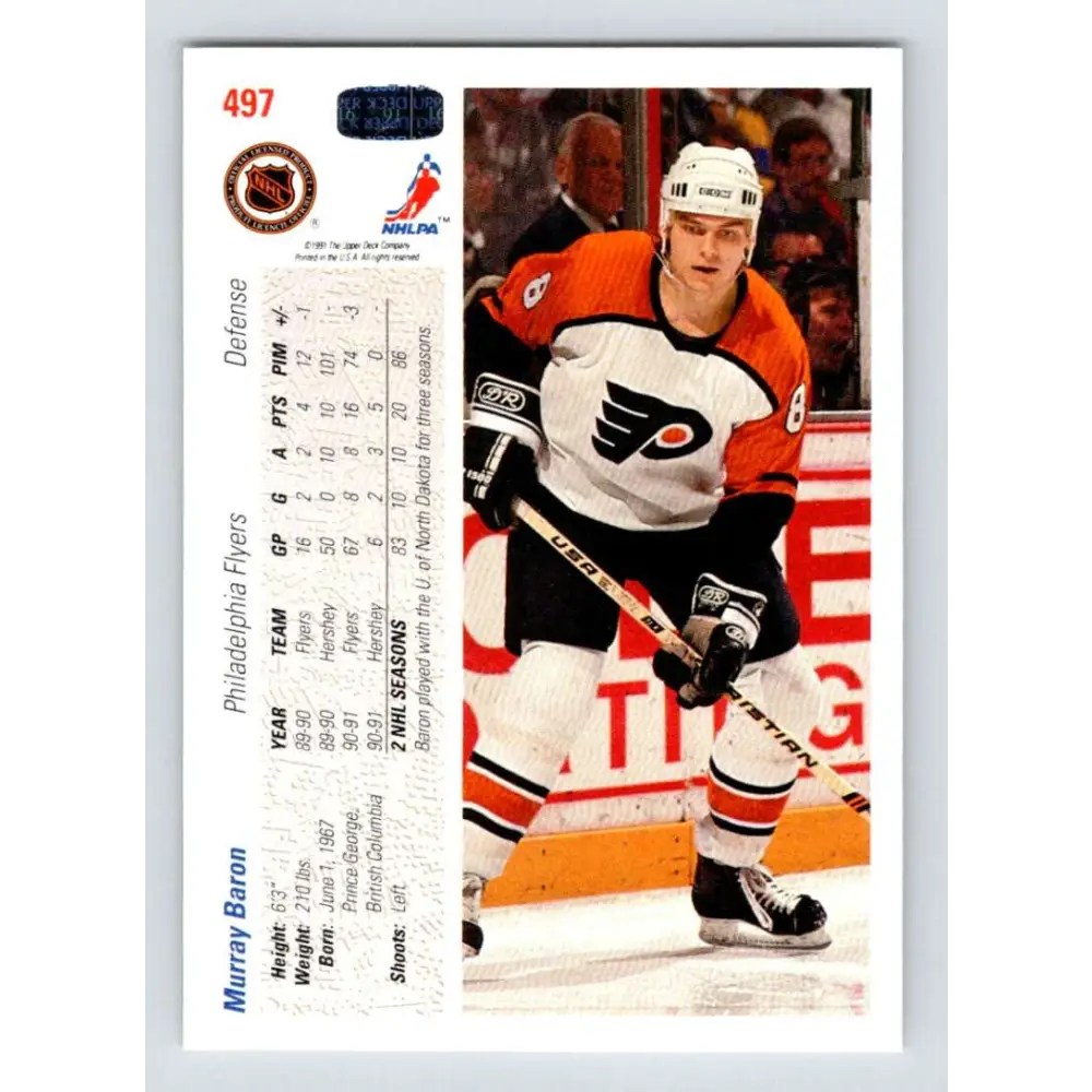 1991-92 Upper Deck #497 Murray Baron NM-MT Hockey Card Image 2