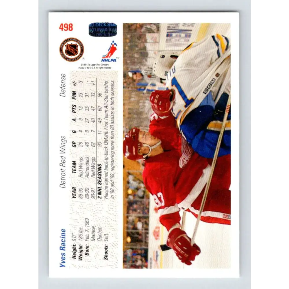 1991-92 Upper Deck #498 Yves Racine NM-MT Detroit Red Wings Hockey Card Image 2