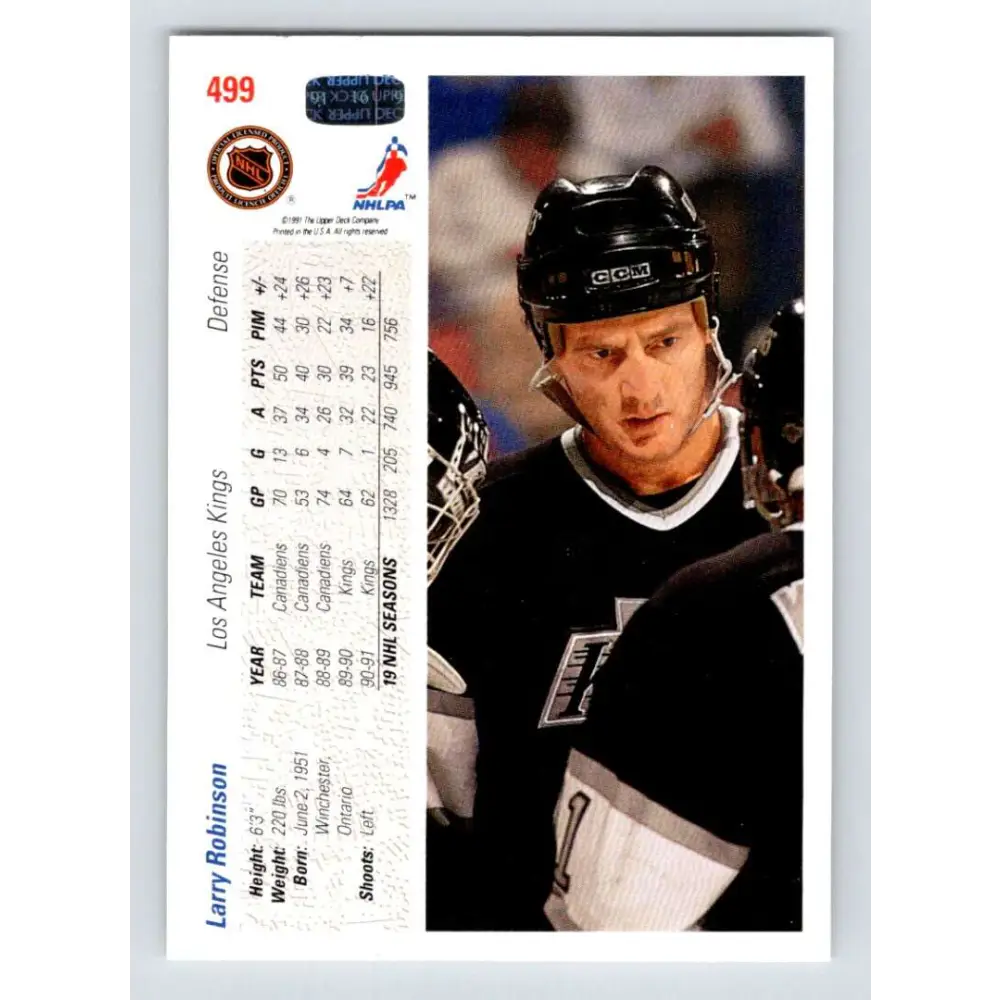1991-92 Upper Deck #499 Larry Robinson NM-MT Los Angeles Kings Hockey Card Image 2