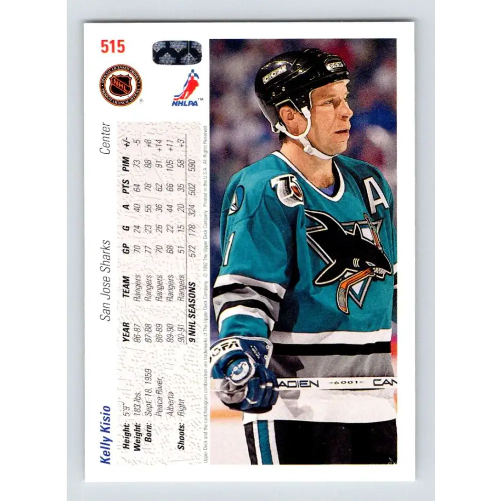 1991-92 Upper Deck #515 Kelly Kisio NM-MT San Jose Sharks Hockey Card Image 2