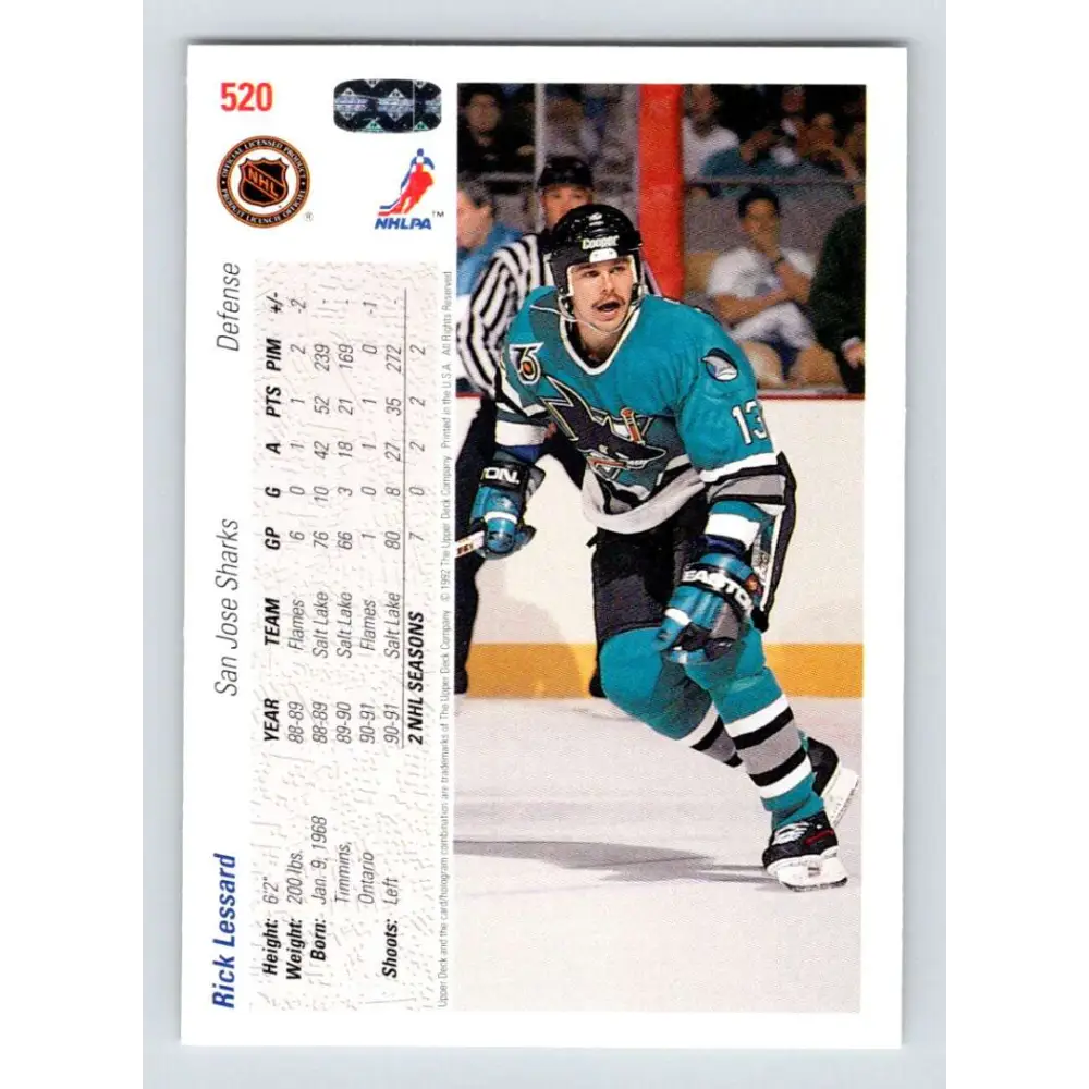 1991-92 Upper Deck #520 Rick Lessard NM-MT San Jose Sharks Hockey Card Image 2