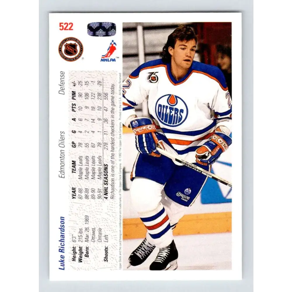 1991-92 Upper Deck #522 Luke Richardson NM-MT Edmonton Oilers Hockey Card Image 2