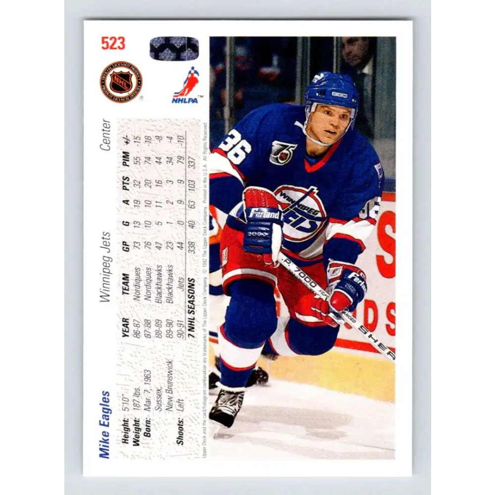 1991-92 Upper Deck #523 Mike Eagles NM-MT Winnipeg Jets Hockey Card Image 2