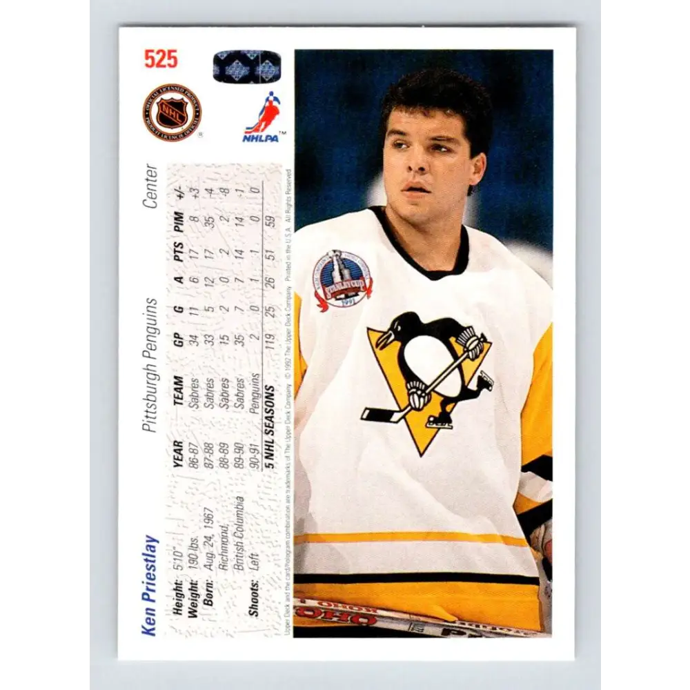 1991-92 Upper Deck #525 Ken Priestlay NM-MT Pittsburgh Penguins Hockey Card Image 2