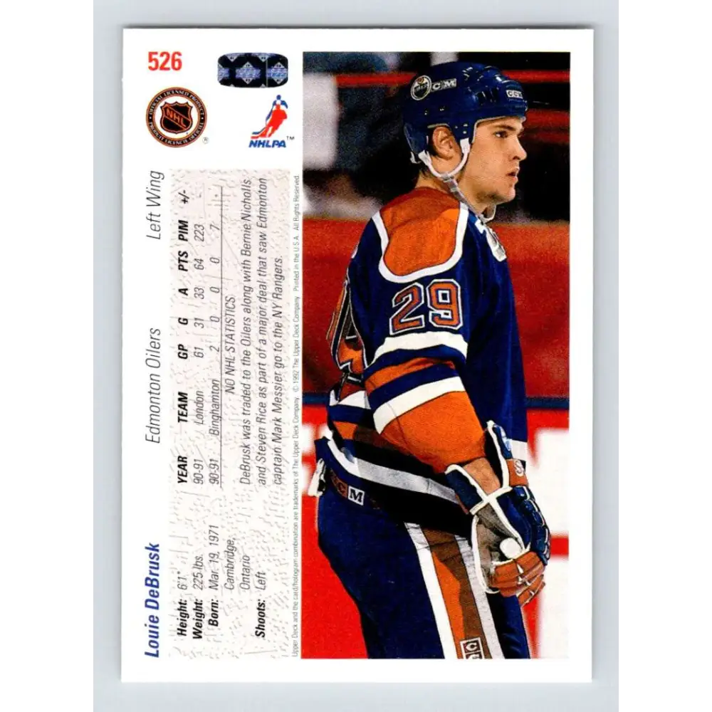 1991-92 Upper Deck #526 Louie DeBrusk NM-MT Edmonton Oilers Hockey Card Image 2