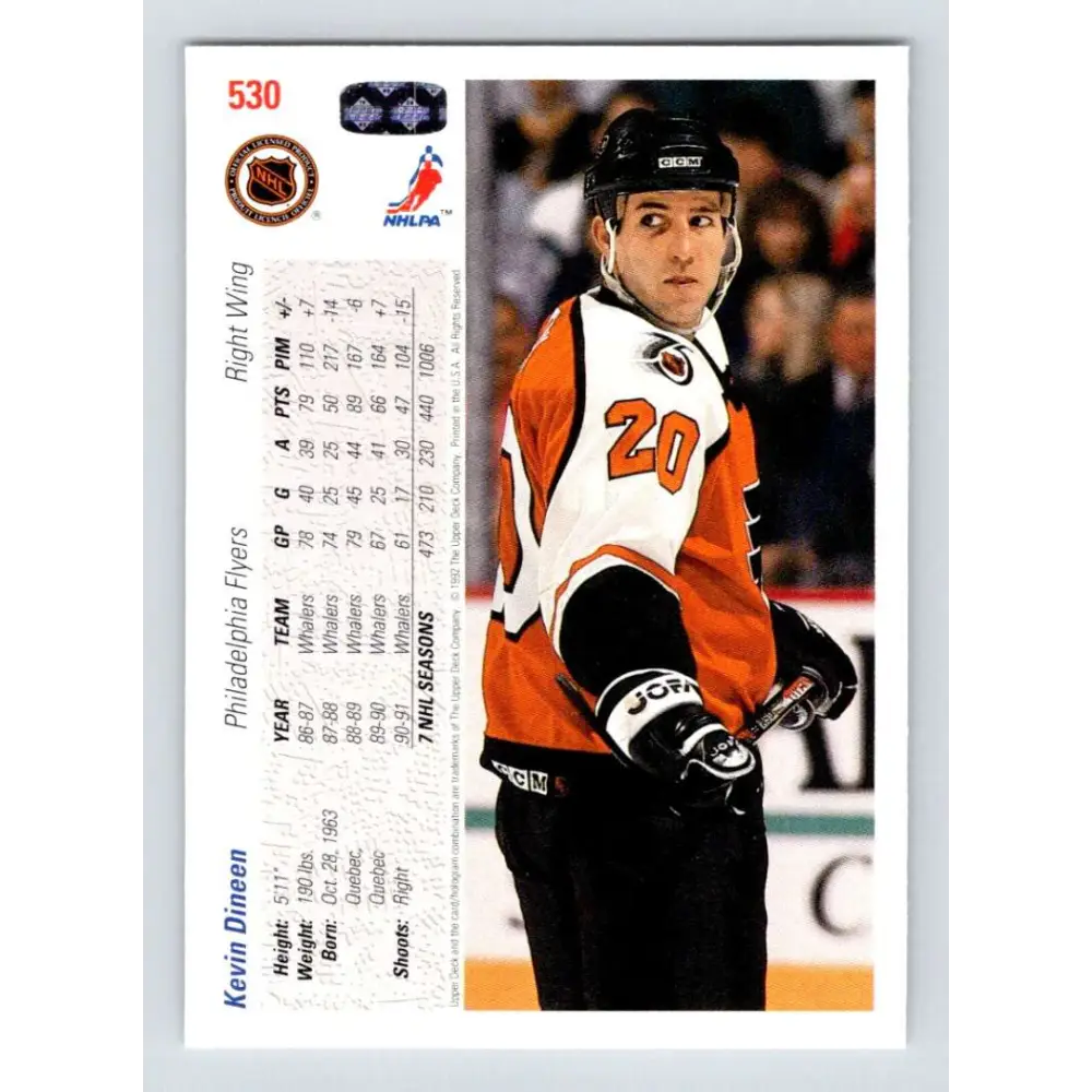 1991-92 Upper Deck #530 Kevin Dineen NM-MT Philadelphia Flyers Hockey Card Image 2