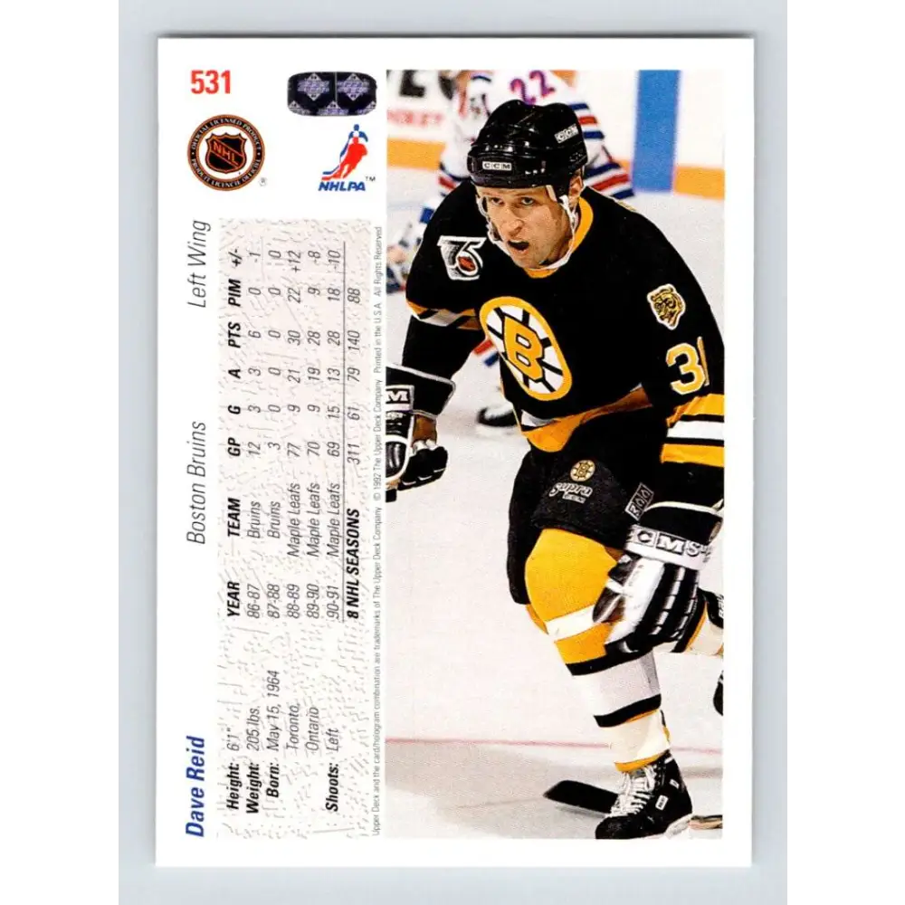 1991-92 Upper Deck #531 David Reid NM-MT Boston Bruins Hockey Card Image 2