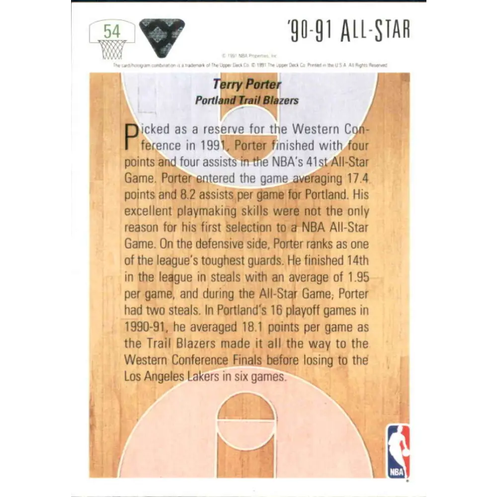 1991-92 Upper Deck #54 Terry Porter AS NM-MT Portland Trail Blazers Basketball Card Image 2