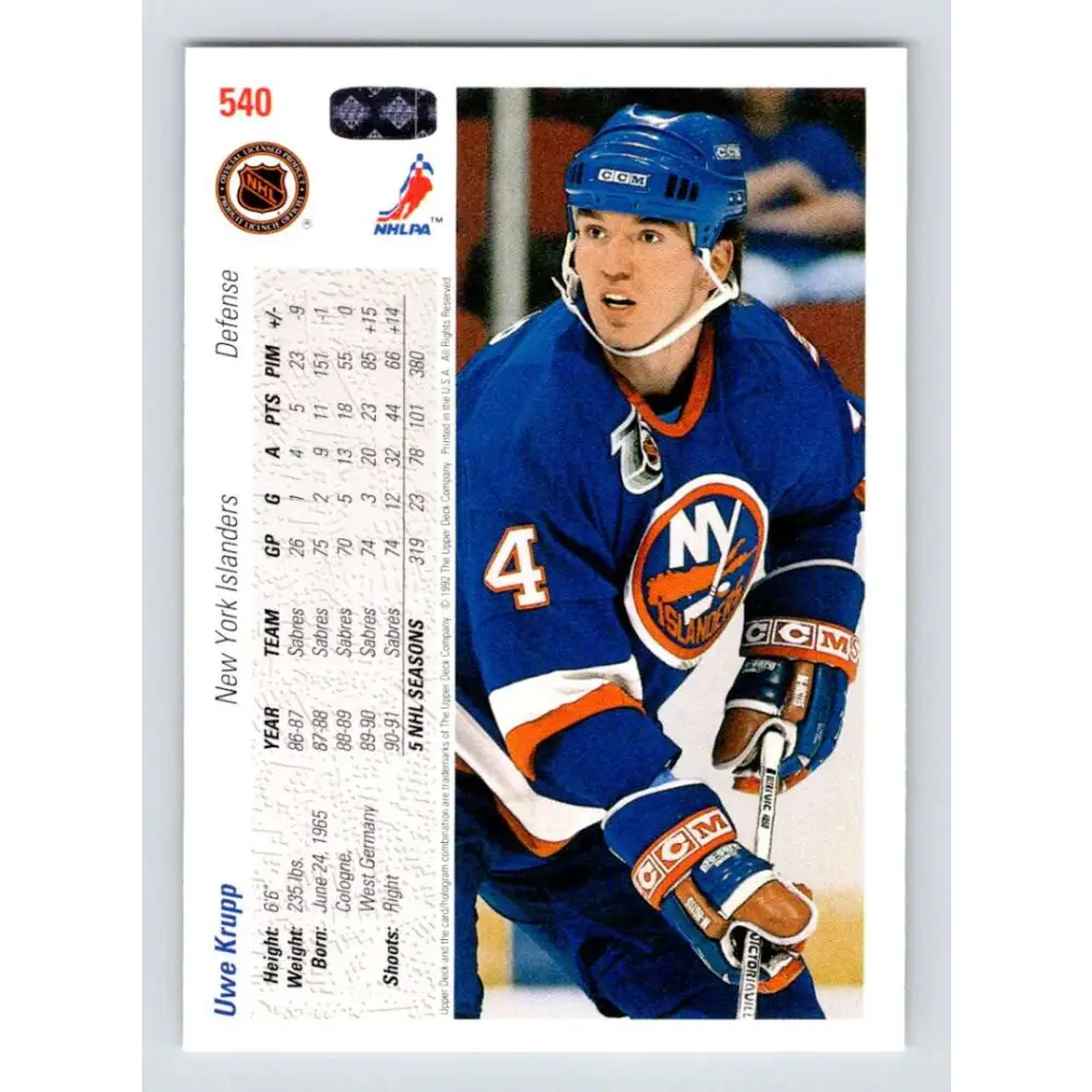1991-92 Upper Deck #540 Uwe Krupp NM-MT New York Islanders Hockey Card Image 2