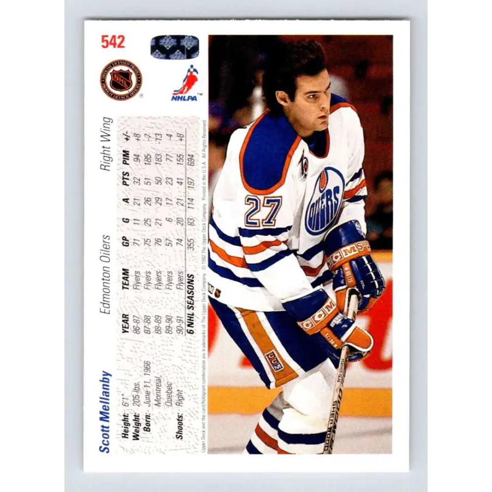 1991-92 Upper Deck #542 Scott Mellanby NM-MT Edmonton Oilers Hockey Card Image 2