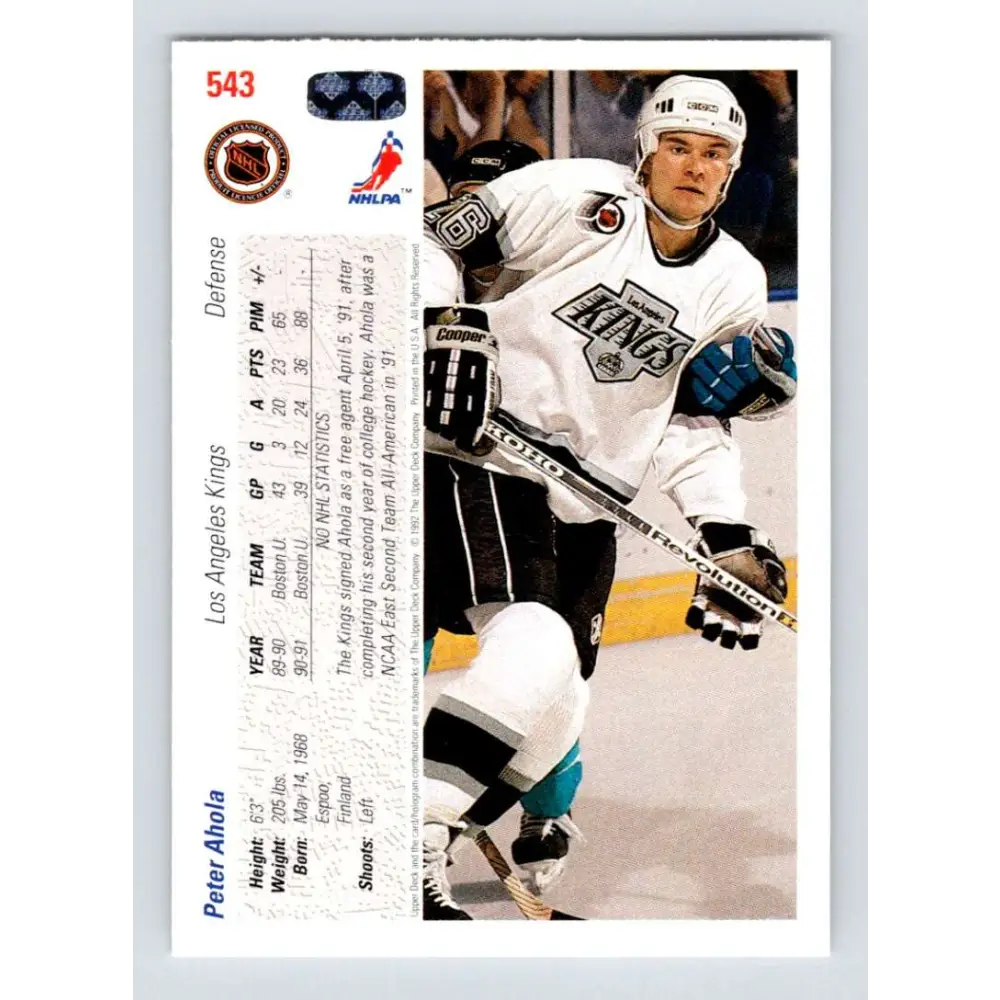 1991-92 Upper Deck #543 Peter Ahola NM-MT RC Rookie Los Angeles Kings Hockey Card Image 2