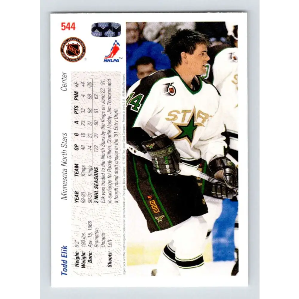 1991-92 Upper Deck #544 Todd Elik NM-MT Minnesota North Stars Hockey Card Image 2