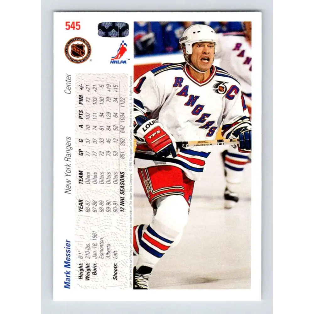 1991-92 Upper Deck #545 Mark Messier NM-MT New York Rangers Hockey Card Image 2