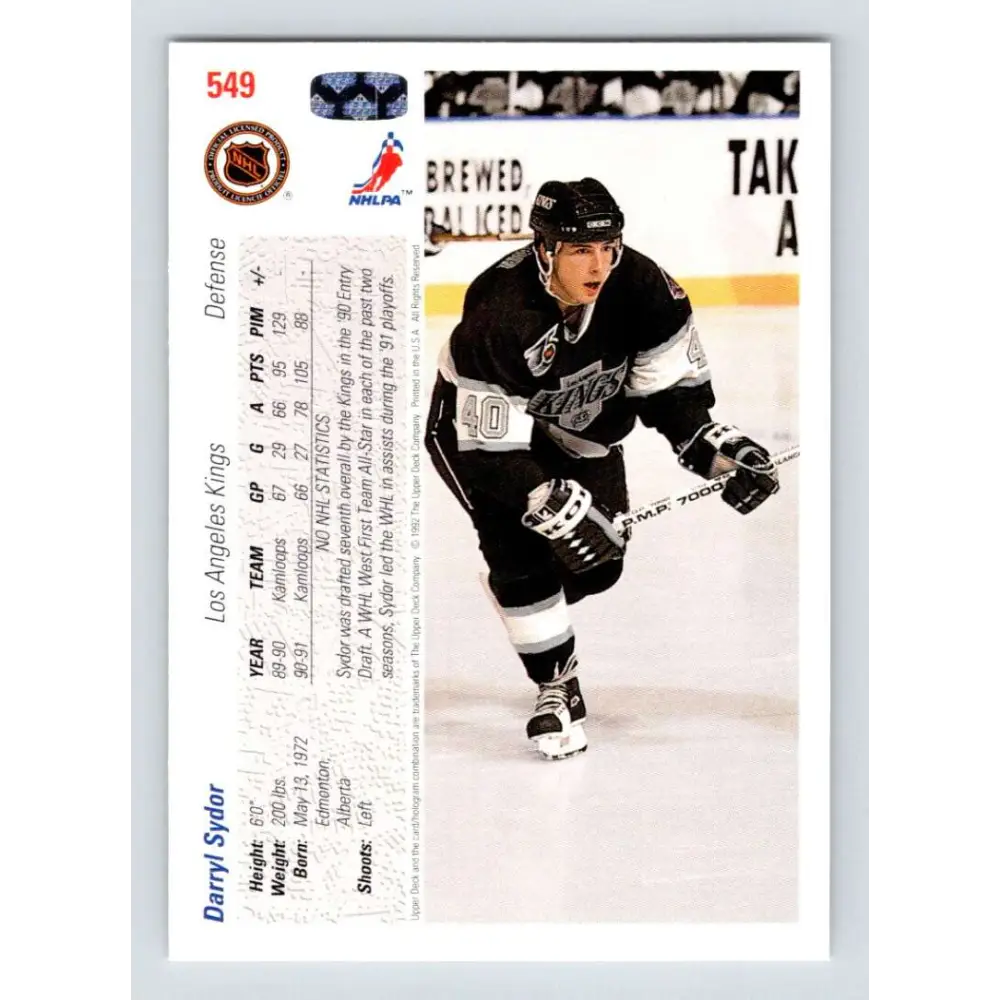 1991-92 Upper Deck #549 Darryl Sydor NM-MT Los Angeles Kings Hockey Card Image 2