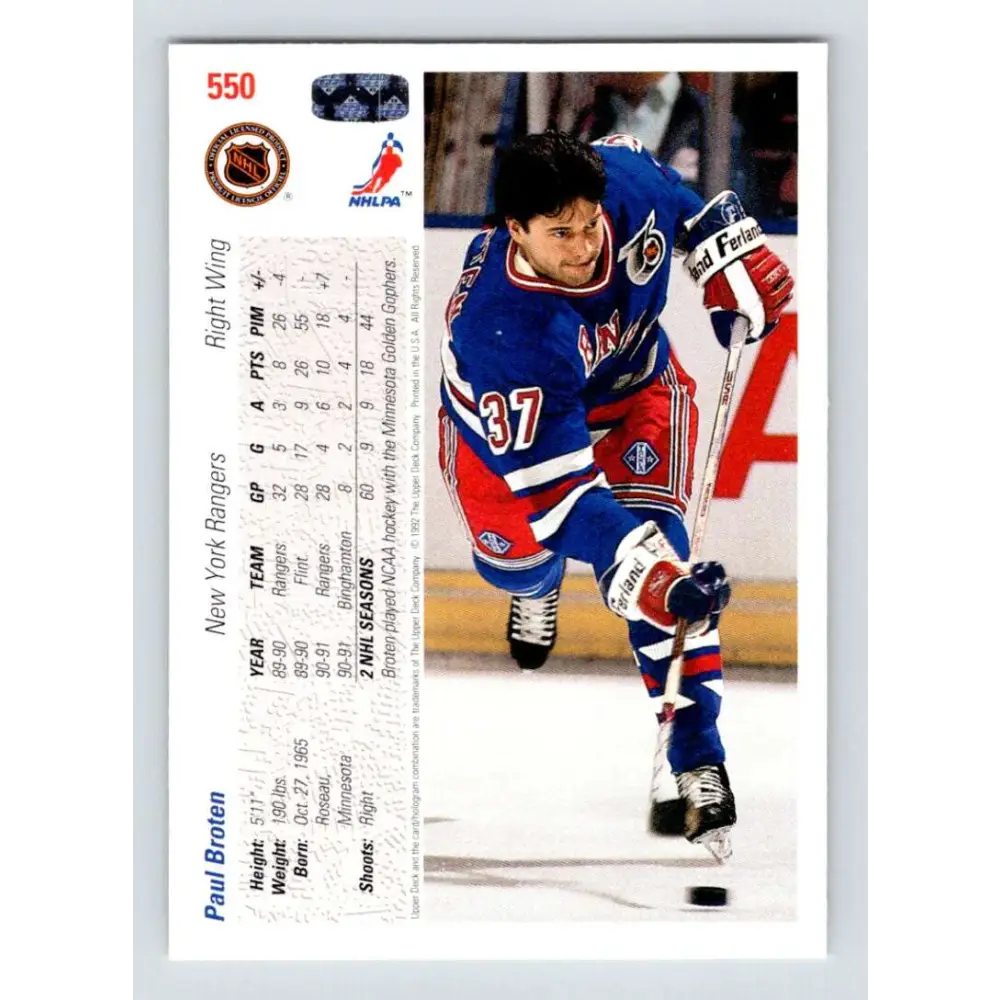 1991-92 Upper Deck #550 Paul Broten NM-MT New York Rangers Hockey Card Image 2