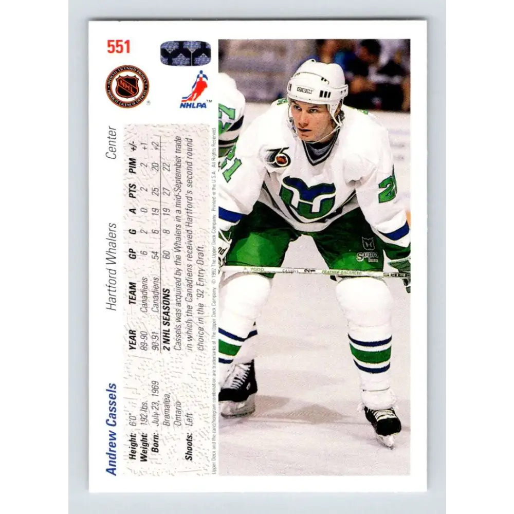 1991-92 Upper Deck #551 Andrew Cassels NM-MT Hartford Whalers Hockey Card Image 2