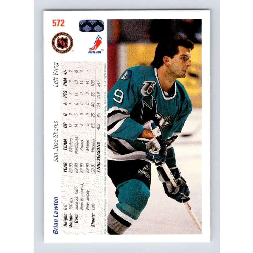 1991-92 Upper Deck #572 Brian Lawton NM-MT San Jose Sharks Hockey Card Image 2