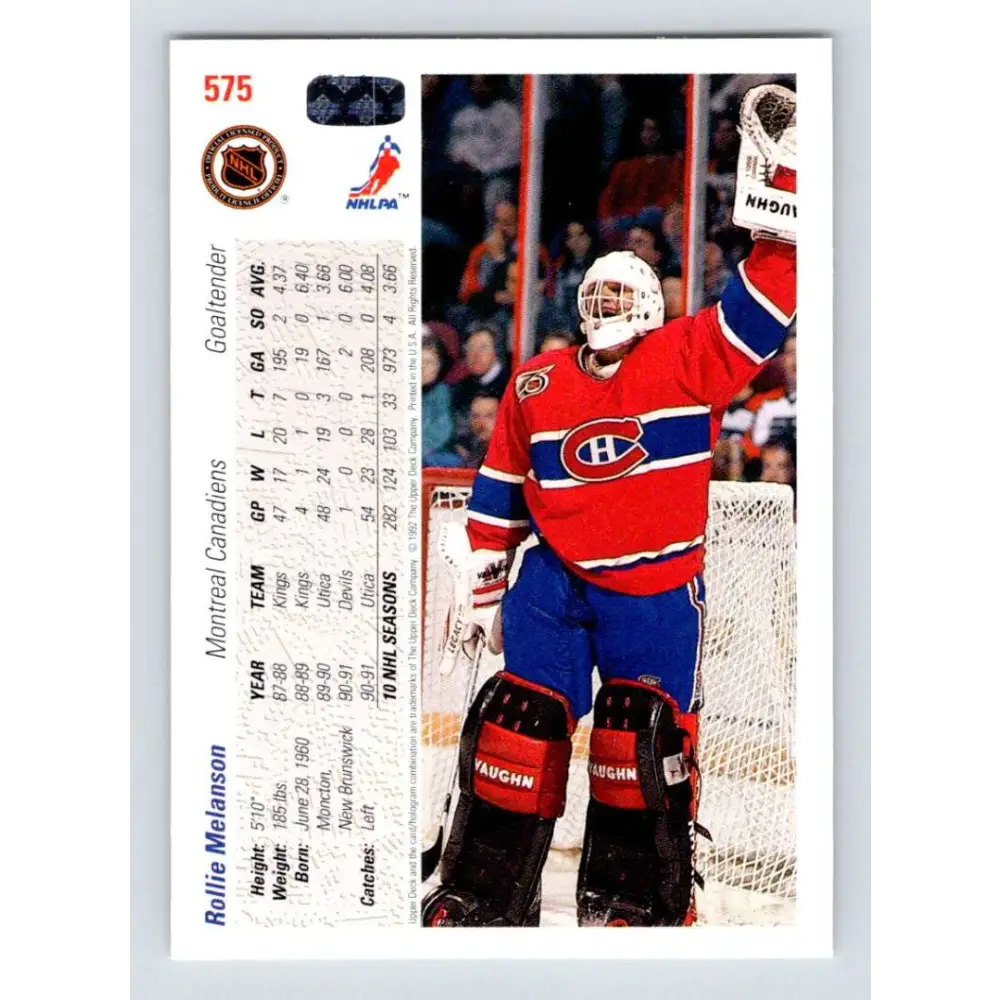 1991-92 Upper Deck #575 Rollie Melanson NM-MT Montreal Canadiens Hockey Card Image 2