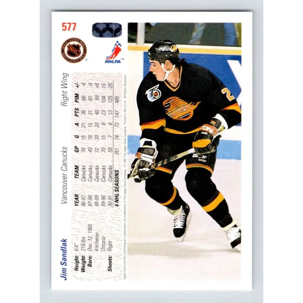 1991-92 Upper Deck #577 Jim Sandlak NM-MT Vancouver Canucks Hockey Card Image 2
