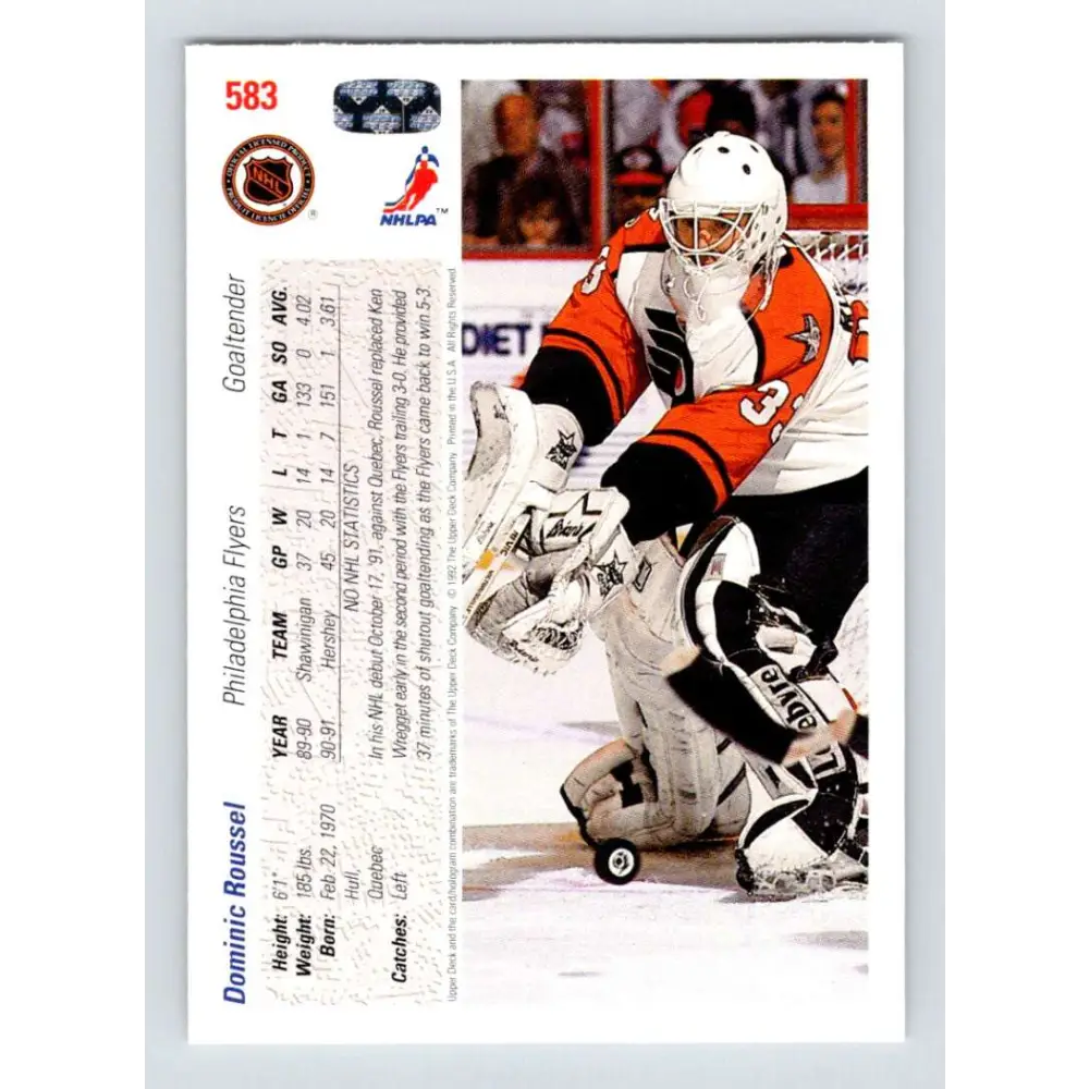 1991-92 Upper Deck #583 Dominic Roussel NM-MT RC Rookie Philadelphia Flyers Hockey Card Image 2