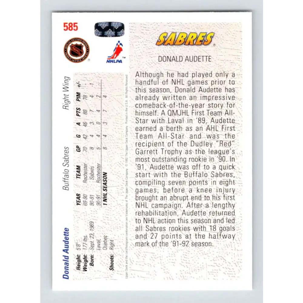 1991-92 Upper Deck #585 Donald Audette NM-MT Buffalo Sabres Hockey Card Image 2