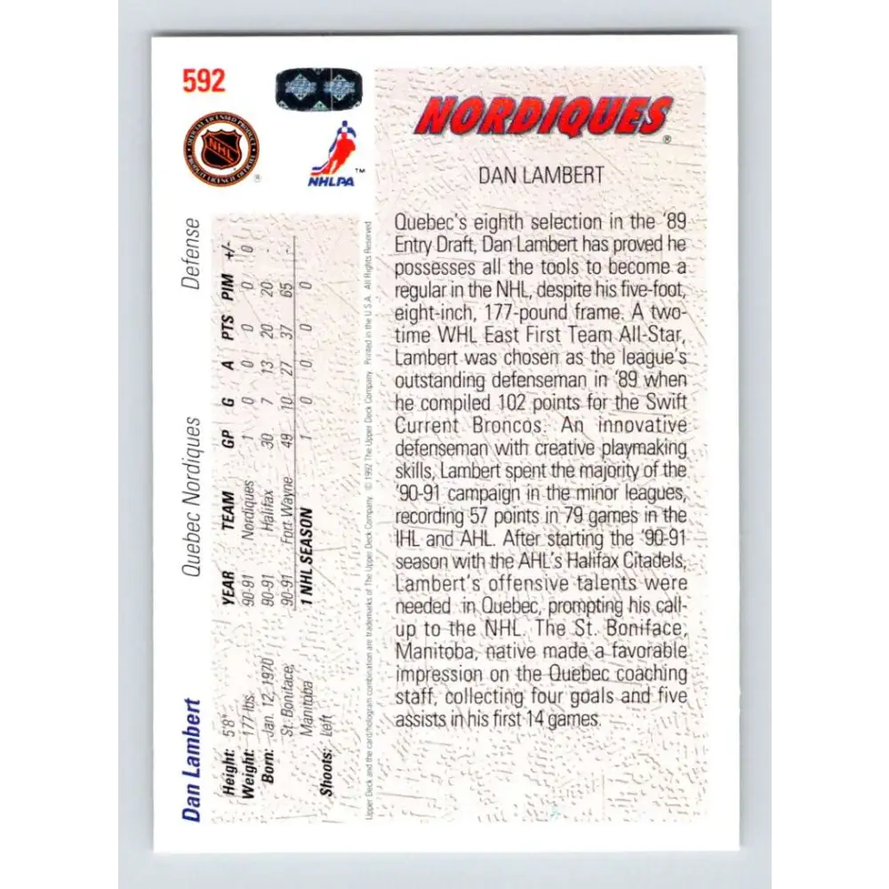 1991-92 Upper Deck #592 Dan Lambert NM-MT RC Rookie Quebec Nordiques Hockey Card Image 2