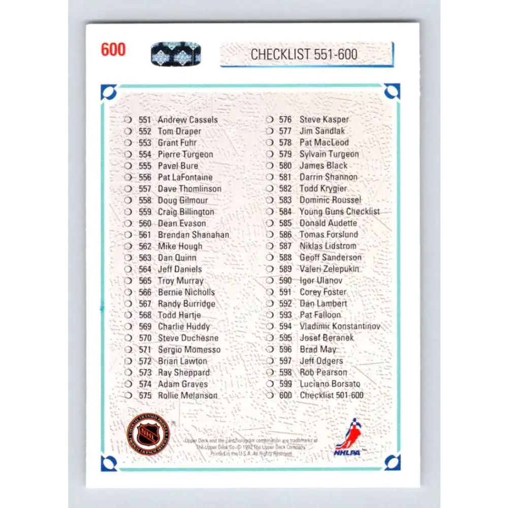1991-92 Upper Deck #600 Checklist 501-600 NM-MT Hockey Card Image 2