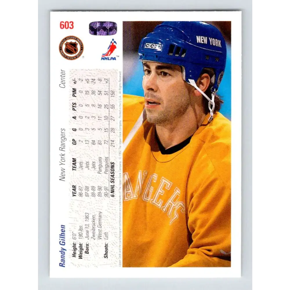1991-92 Upper Deck #603 Randy Gilhen NM-MT New York Rangers Hockey Card Image 2
