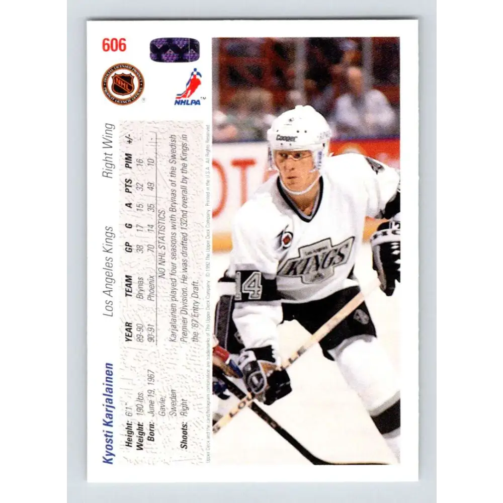 1991-92 Upper Deck #606 Kyosti Karjalainen NM-MT RC Rookie Los Angeles Kings Hockey Card Image 2