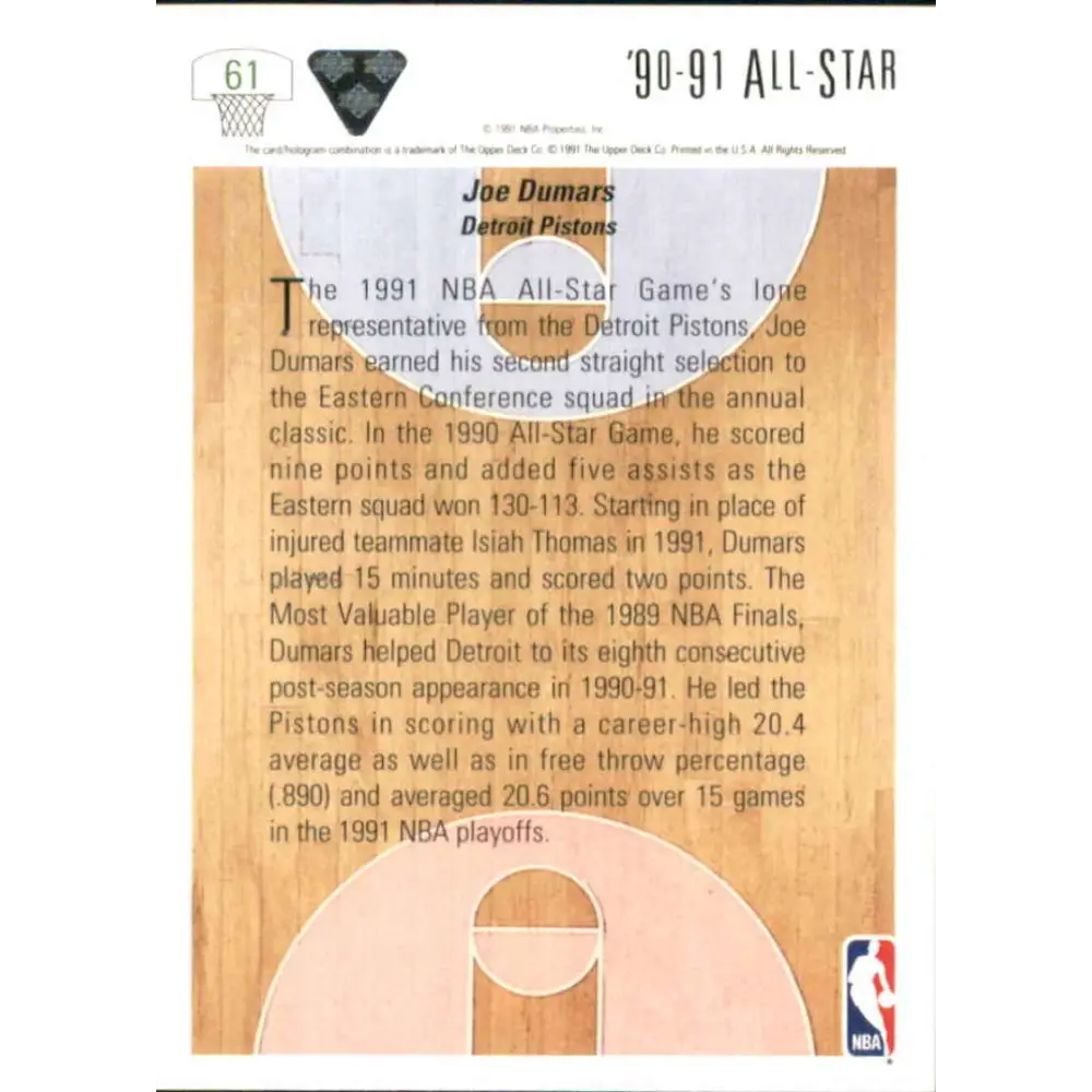 1991-92 Upper Deck #61 Joe Dumars AS NM-MT Detroit Pistons Basketball Card Image 2
