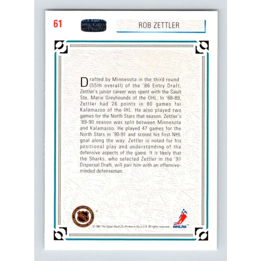 1991-92 Upper Deck #61 Rob Zettler NM-MT Hockey Card Image 2