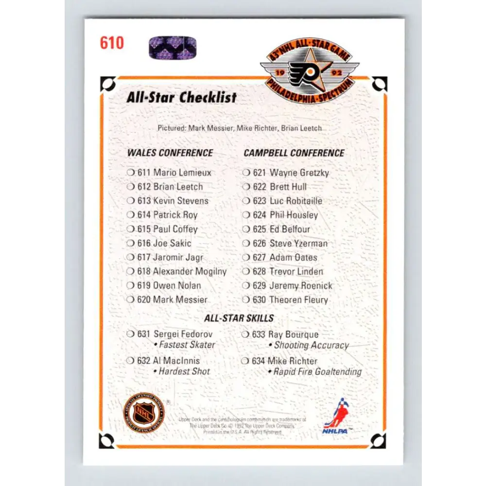 1991-92 Upper Deck #610 Brian Leetch/Mike Richter/Mark Messier AS CL NM-MT New York Rangers Hockey Card Image 2