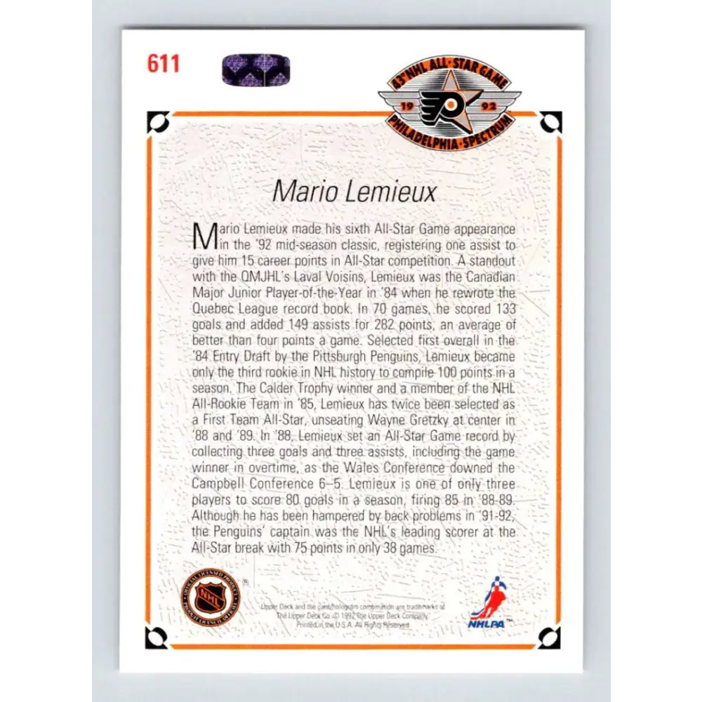 1991-92 Upper Deck #611 Mario Lemieux AS NM-MT Pittsburgh Penguins Hockey Card Image 2