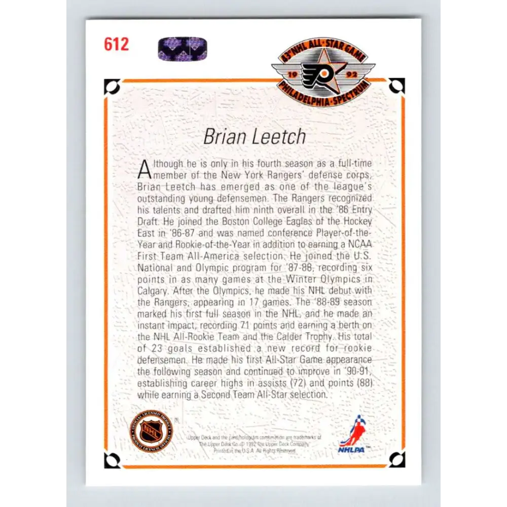 1991-92 Upper Deck #612 Brian Leetch NM-MT New York Rangers Hockey Card Image 2